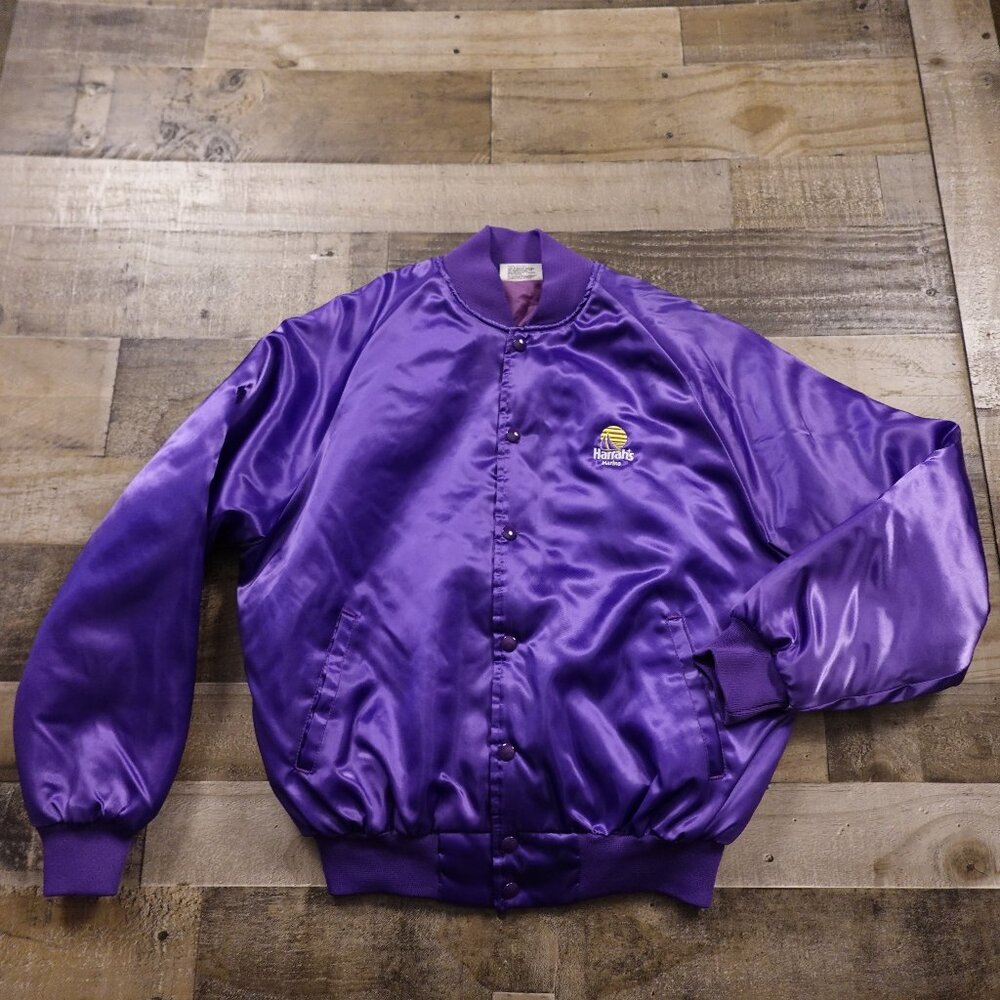 Vintage Satin Bomber Jacket Harrah’s‎ Marina Hotel Casino Large Purple 80s Style